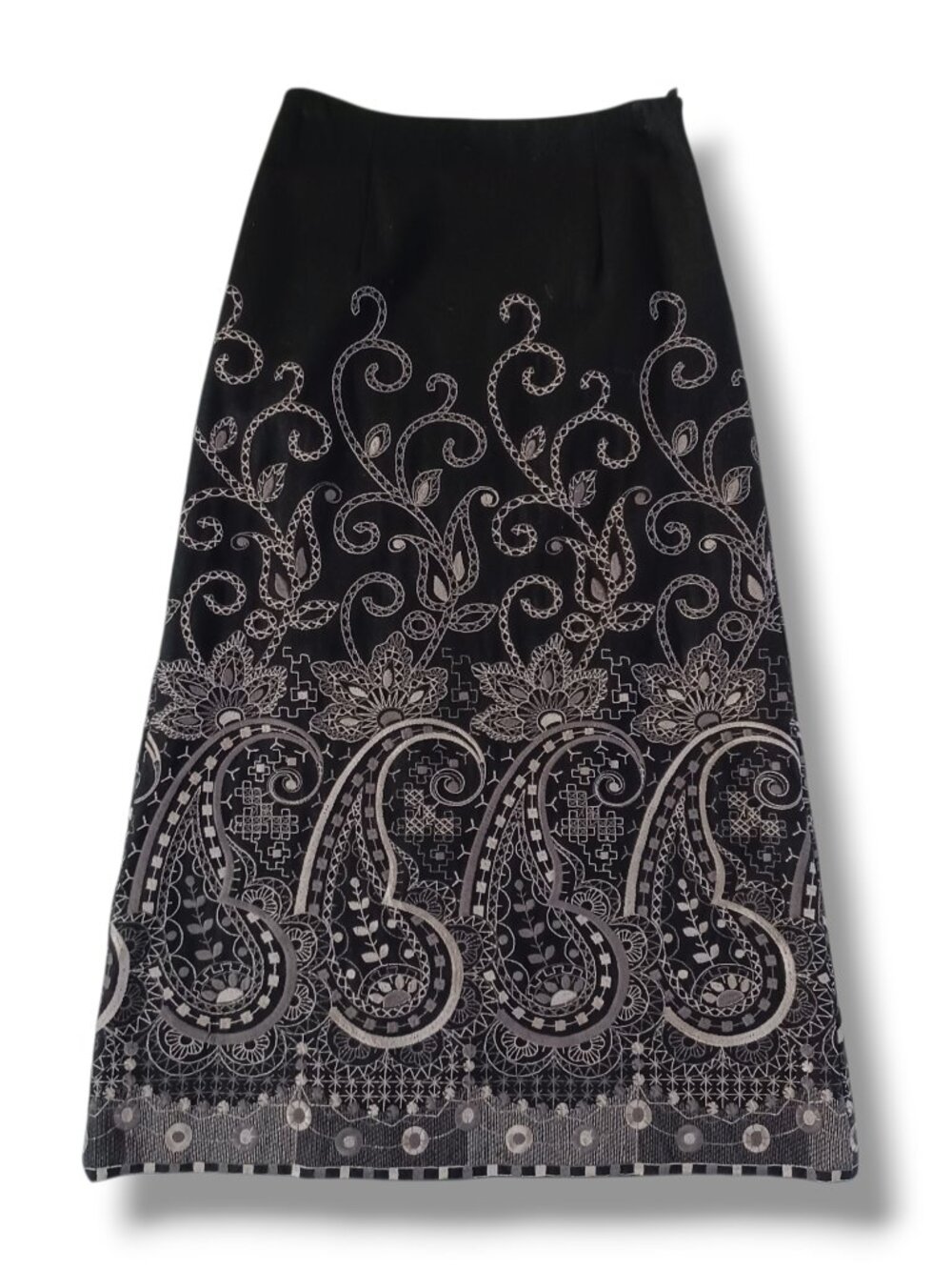 Talbots Wool Blend Maxi Skirt Black Modest Career Embroidered No Slit Size 10